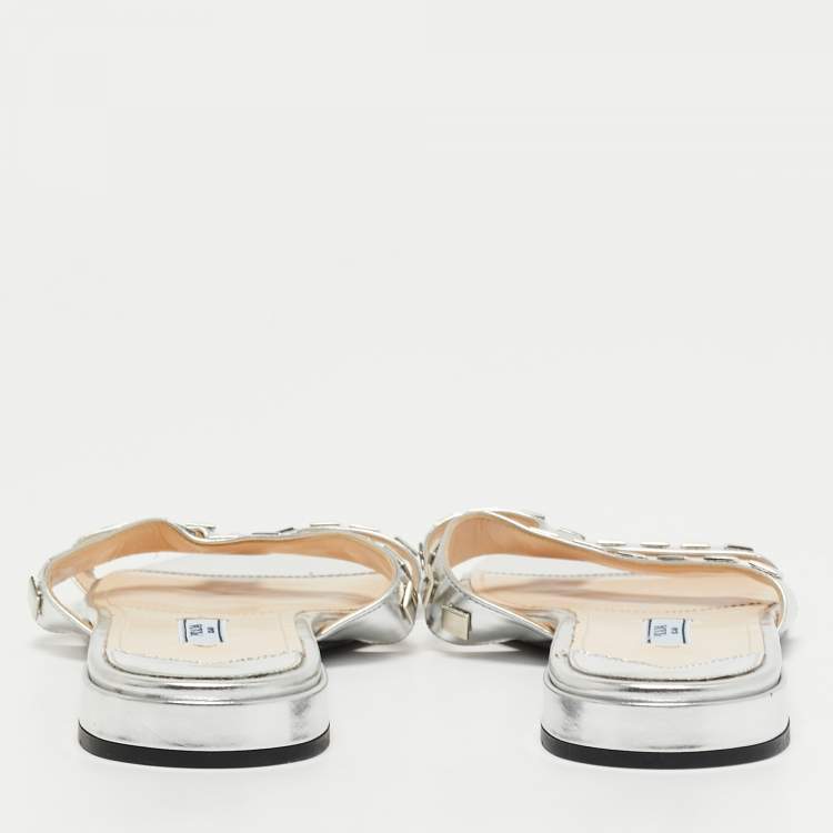 Pre Owned Prada Silver Leather Studded Flat Slides Size 41   