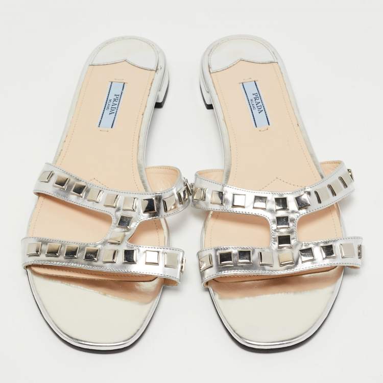 Pre Owned Prada Silver Leather Studded Flat Slides Size 41   