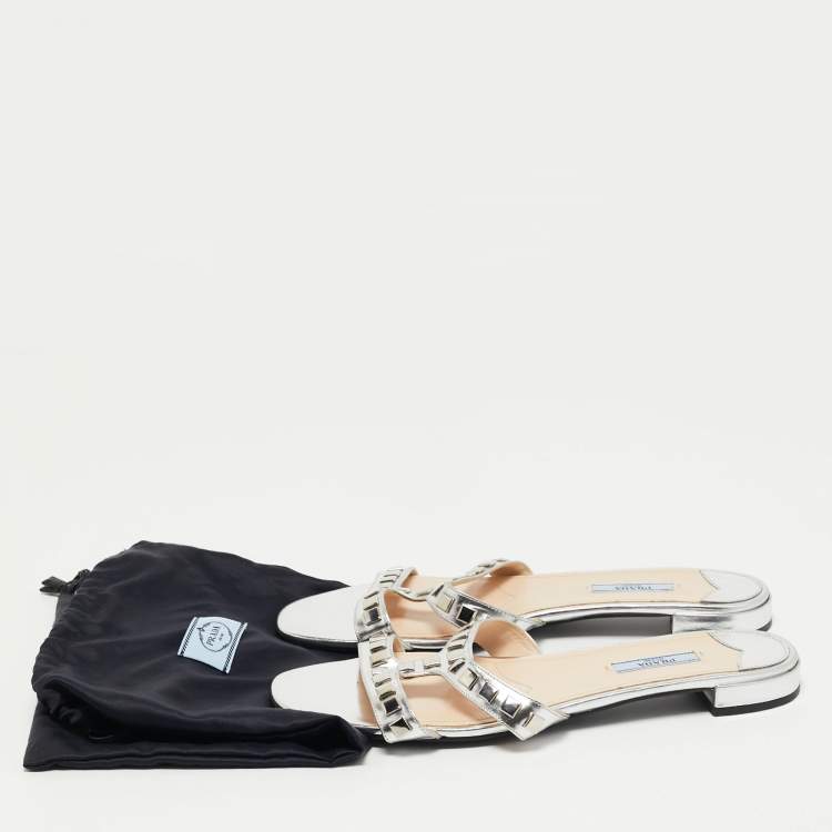 Pre Owned Prada Silver Leather Studded Flat Slides Size 41   