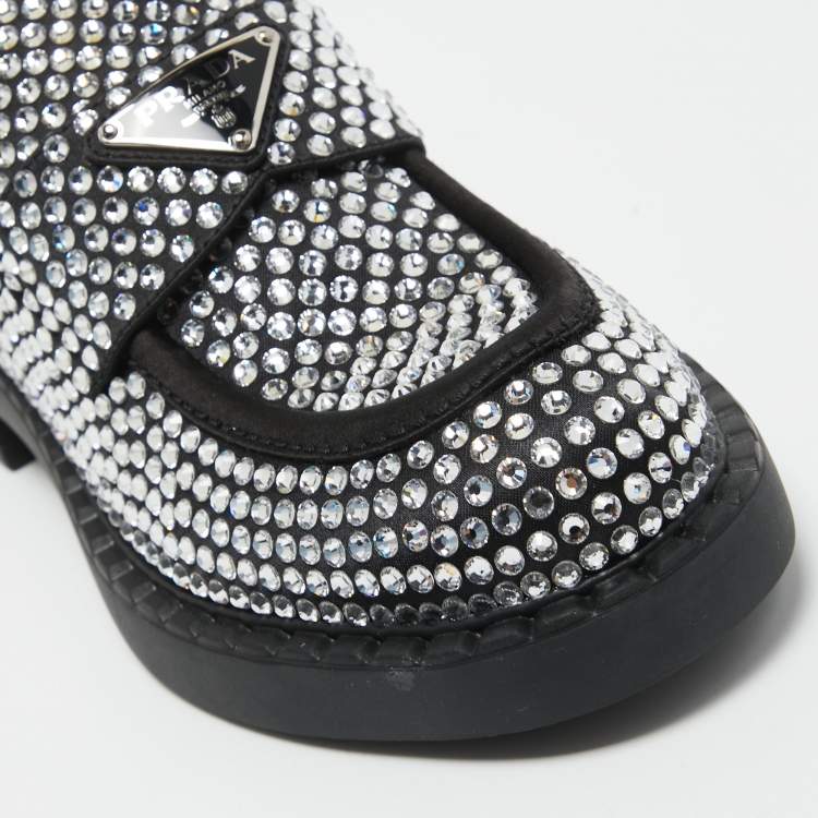 Pre Owned Prada Black Satin Crystal Embellished Loafers Size 38