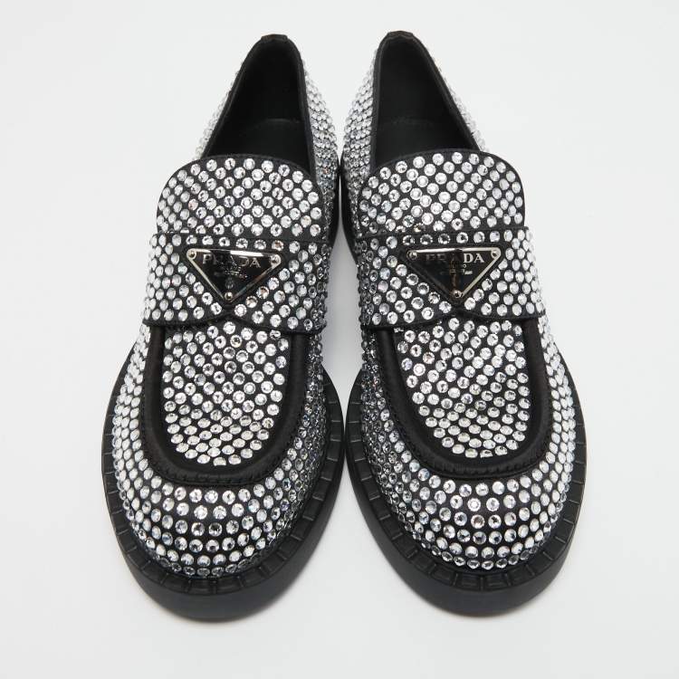 Pre Owned Prada Black Satin Crystal Embellished Loafers Size 38