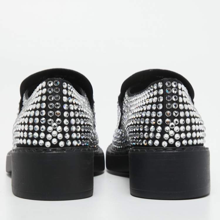 Pre Owned Prada Black Satin Crystal Embellished Loafers Size 38