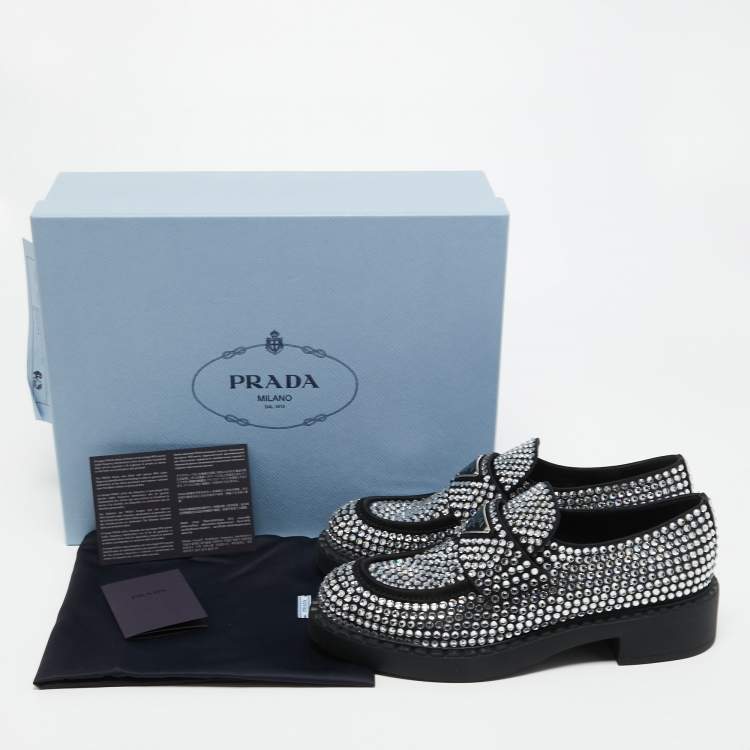 Pre Owned Prada Black Satin Crystal Embellished Loafers Size 38