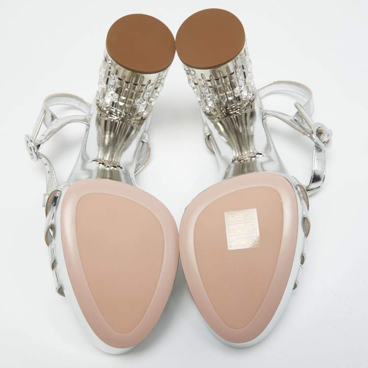 Pre Owned Prada Silver Leather Crystal Embellished Ankle Strap Sandals Size 38