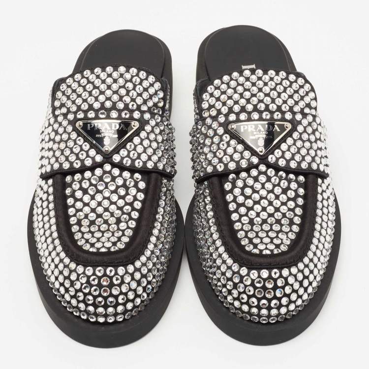 Pre Owned Prada Black Satin Crystal Embellished Mules Size 36