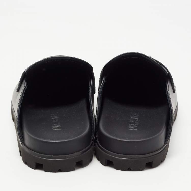 Pre Owned Prada Black Leather Sabots Flat Mules Size 36.5
