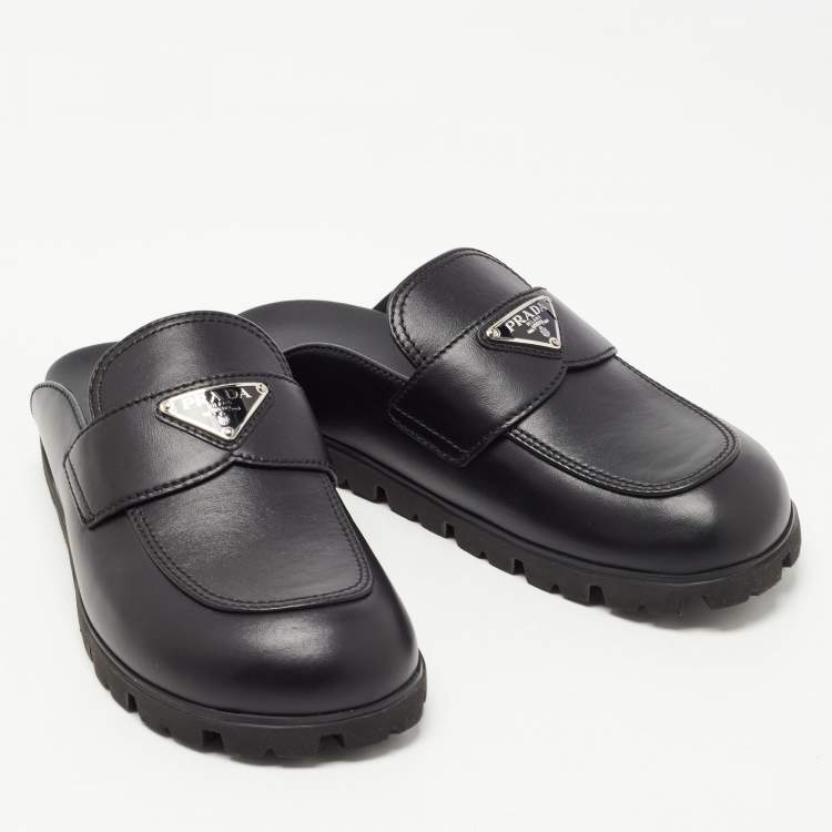 Pre Owned Prada Black Leather Sabots Flat Mules Size 36.5