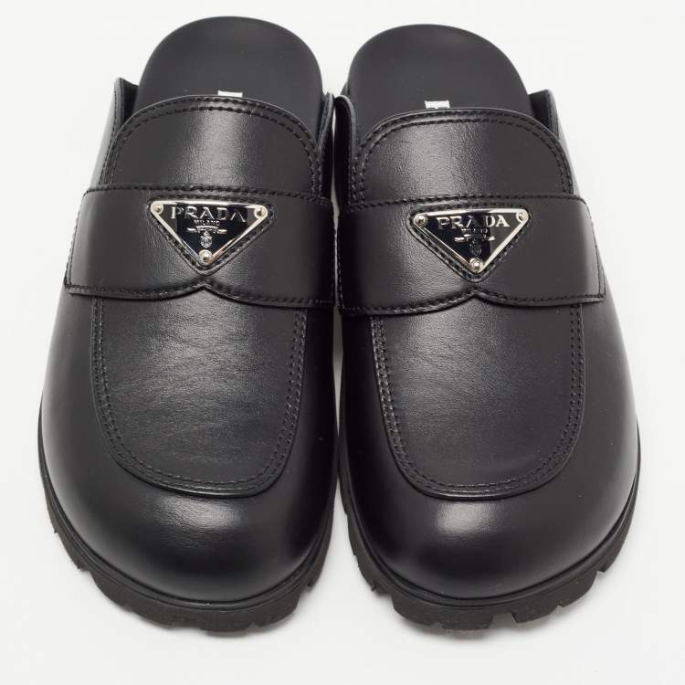 Pre Owned Prada Black Leather Sabots Flat Mules Size 36.5