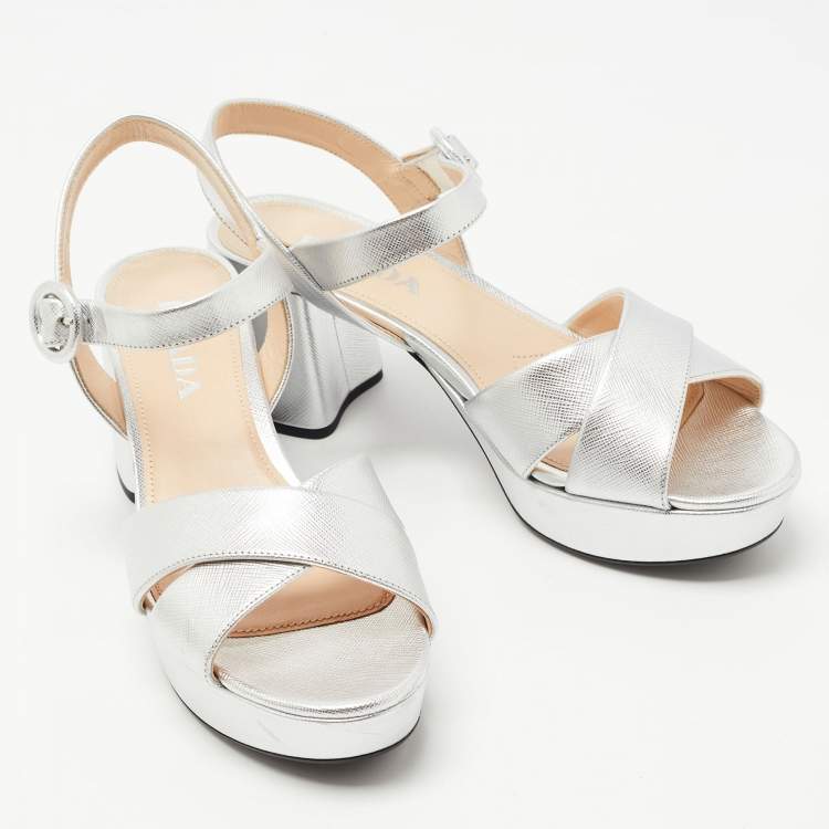 Pre Owned Prada Silver Leather Platform Ankle Strap Sandals Size 38.5