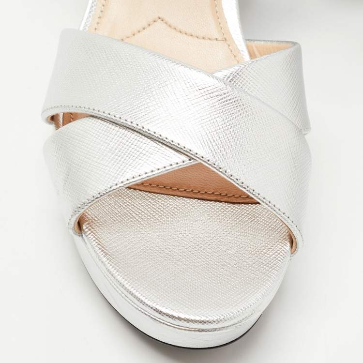 Pre Owned Prada Silver Leather Platform Ankle Strap Sandals Size 38.5