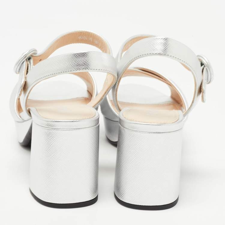 Pre Owned Prada Silver Leather Platform Ankle Strap Sandals Size 38.5