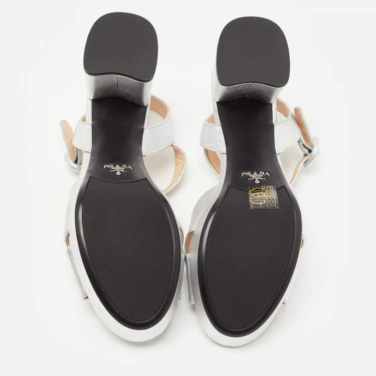 Pre Owned Prada Silver Leather Platform Ankle Strap Sandals Size 38.5