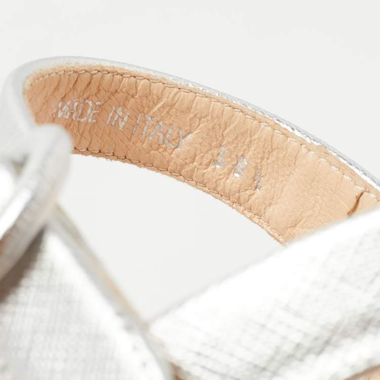 Pre Owned Prada Silver Leather Platform Ankle Strap Sandals Size 38.5