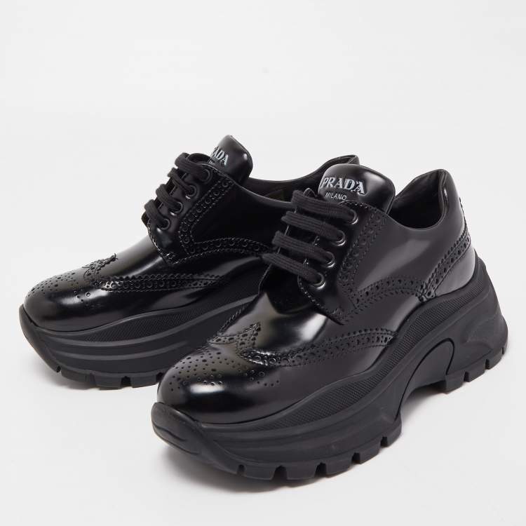 Pre Owned Prada Black Leather Brogue Sneakers Size 39