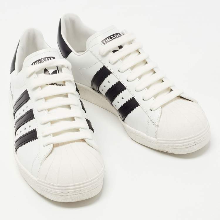Pre Owned Prada x Adidas White/Black Leather Superstar Sneakers Size 37 1/3