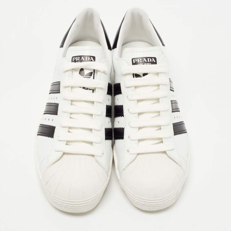Pre Owned Prada x Adidas White/Black Leather Superstar Sneakers Size 37 1/3