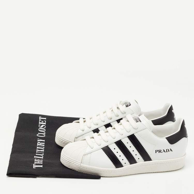 Pre Owned Prada x Adidas White/Black Leather Superstar Sneakers Size 37 1/3