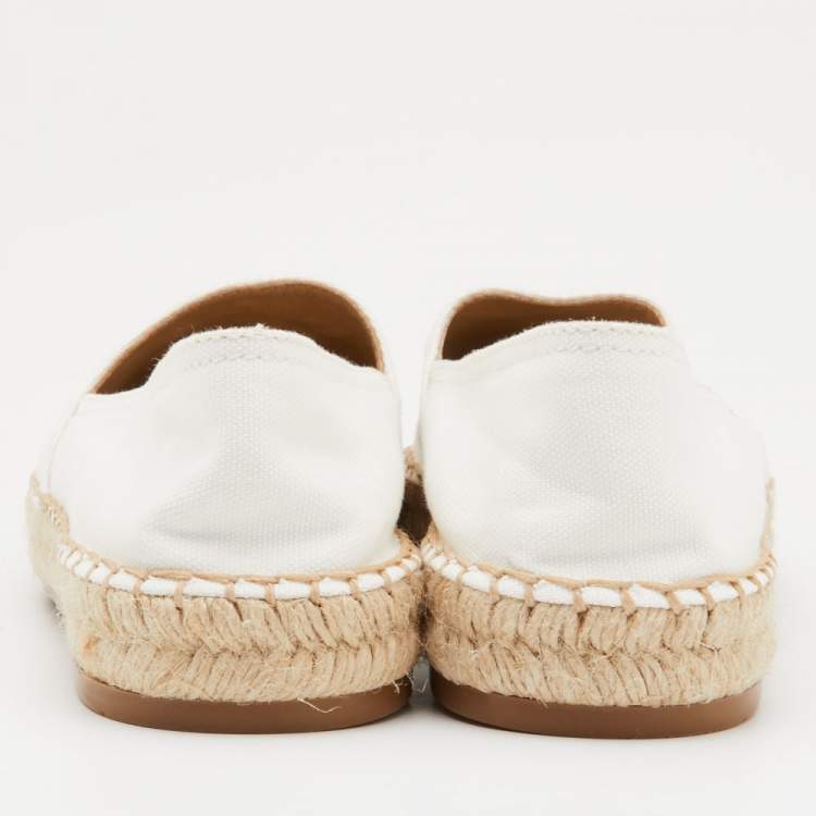 Pre Owned Prada Off White Canvas Embroidered Logo Espadrille Flats Size 39