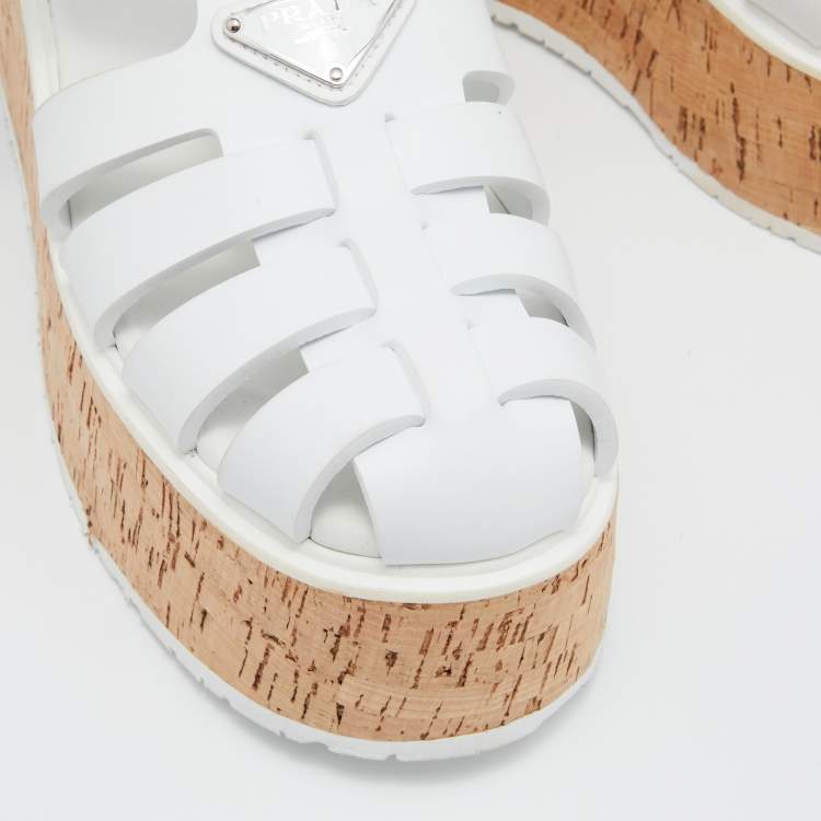 Pre Owned Prada White Rubber Cork Wedge Ankle Strap Sandals Size 40