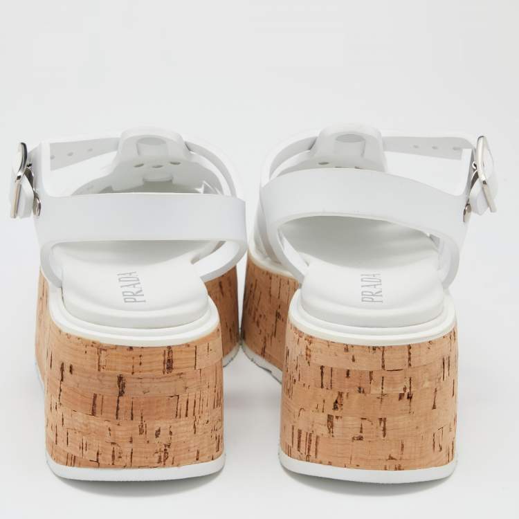 Pre Owned Prada White Rubber Cork Wedge Ankle Strap Sandals Size 40