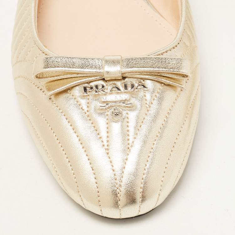 Pre Owned Prada Gold Quilted Leather Bow Ballet Flats Size 42