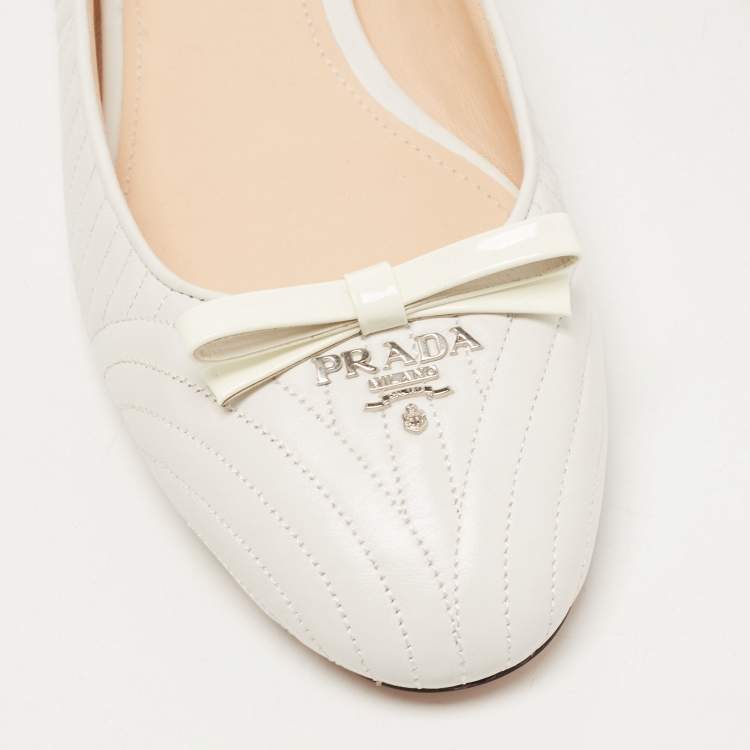Pre Owned Prada White Quilted Leather Bow Ballet Flats Size 42