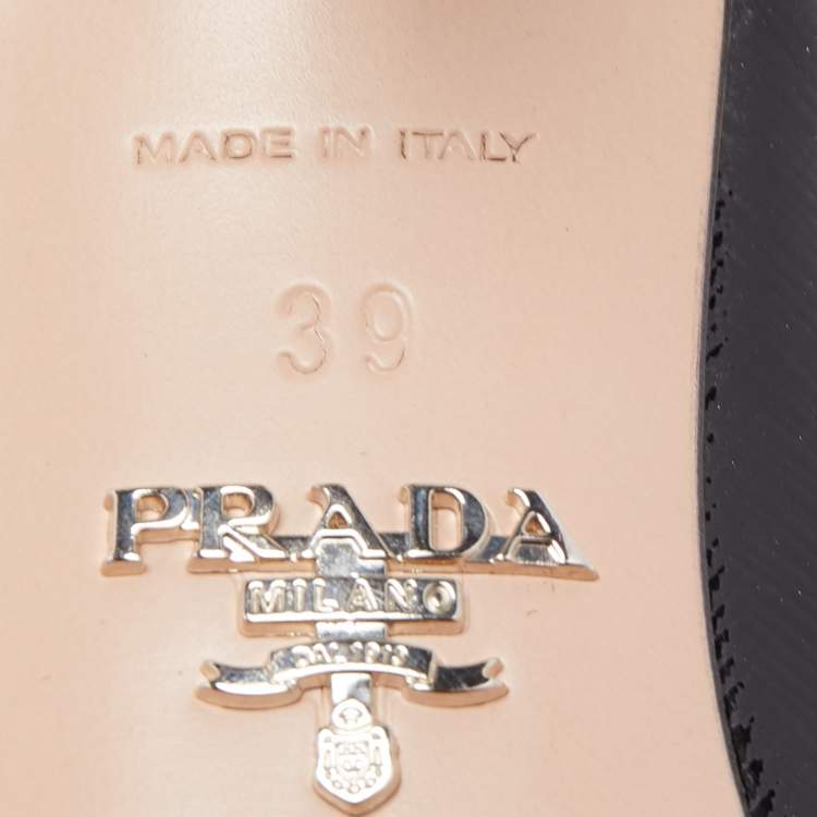 Pre Owned Prada Black Saffiano Vernice Leather Bow Pointed Toe Mules Size 39