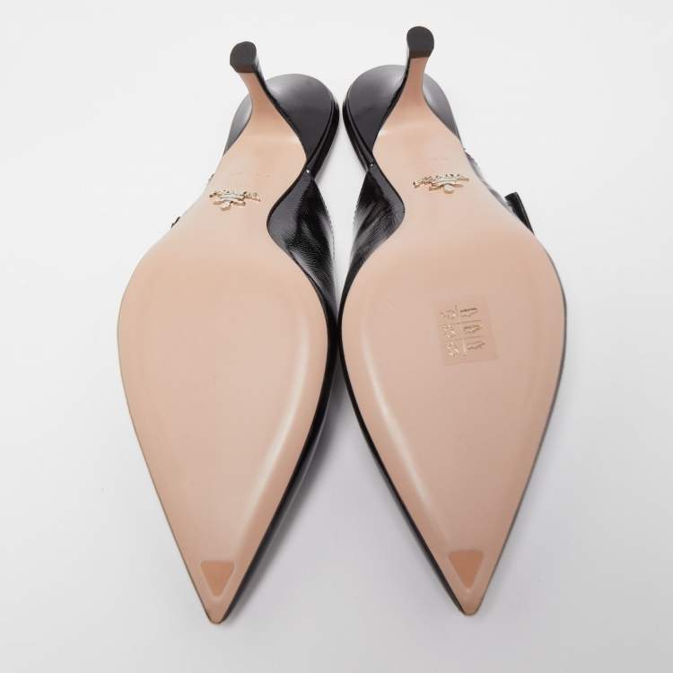 Pre Owned Prada Black Saffiano Vernice Leather Bow Pointed Toe Mules Size 39