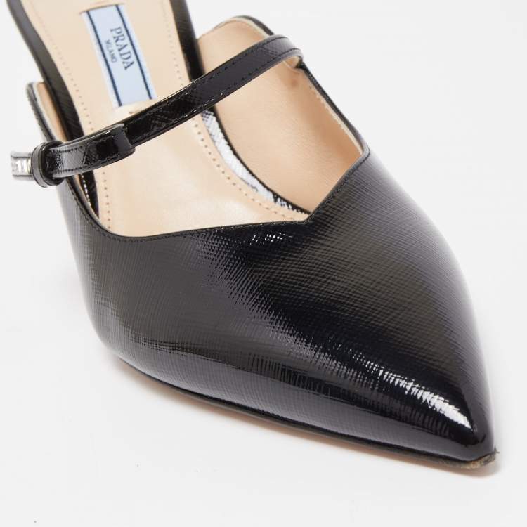Pre Owned Prada Black Saffiano Vernice Leather Bow Pointed Toe Mules Size 39