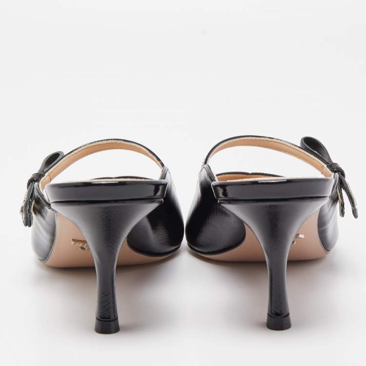 Pre Owned Prada Black Saffiano Vernice Leather Bow Pointed Toe Mules Size 39