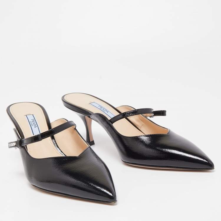 Pre Owned Prada Black Saffiano Vernice Leather Bow Pointed Toe Mules Size 39