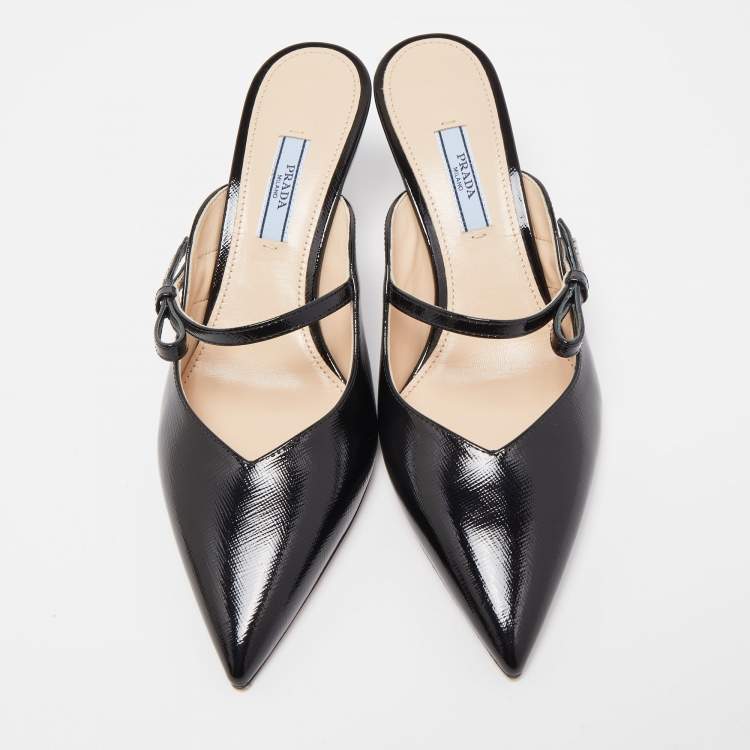 Pre Owned Prada Black Saffiano Vernice Leather Bow Pointed Toe Mules Size 39