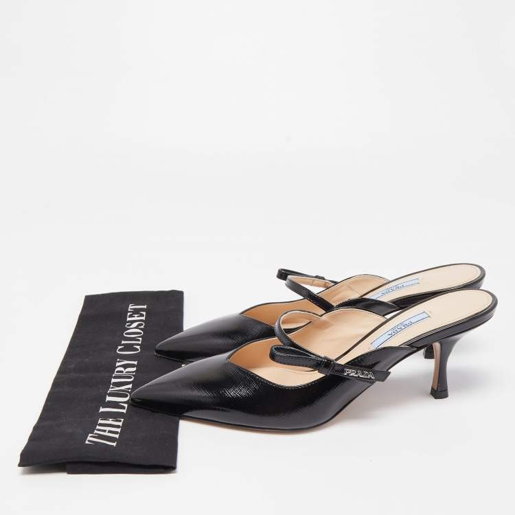 Pre Owned Prada Black Saffiano Vernice Leather Bow Pointed Toe Mules Size 39