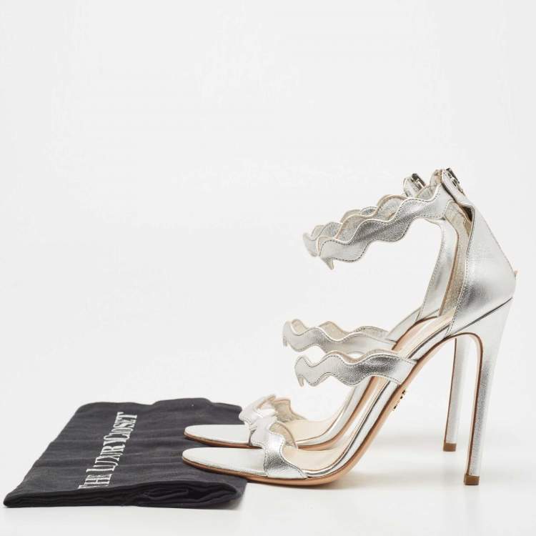 Pre Owned Prada Silver Leather Ankle Strap Sandals Size 39.5