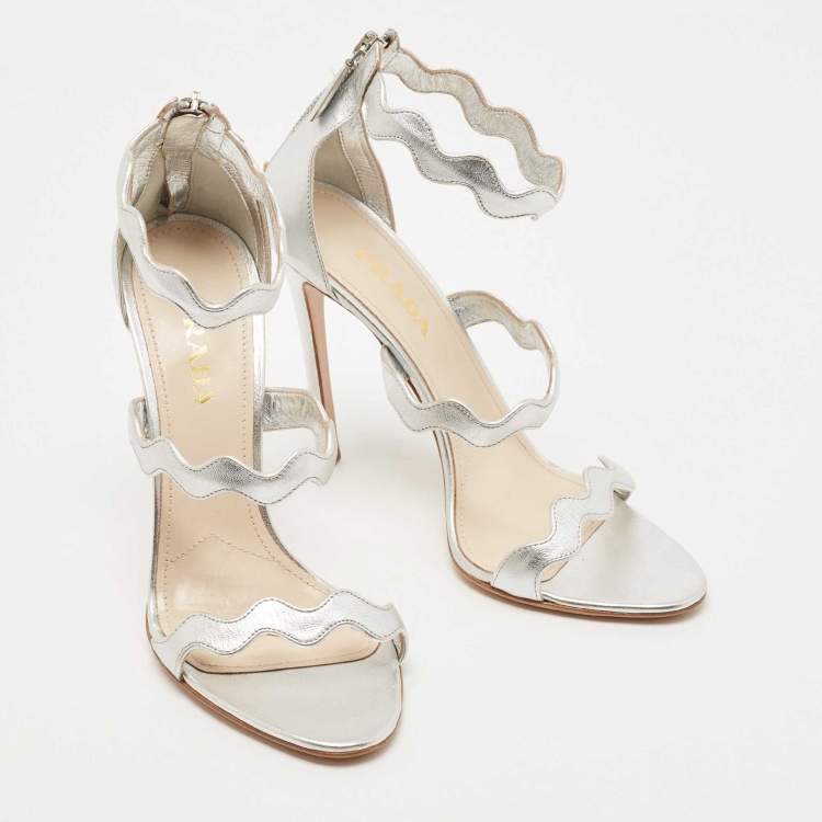 Pre Owned Prada Silver Leather Ankle Strap Sandals Size 39.5