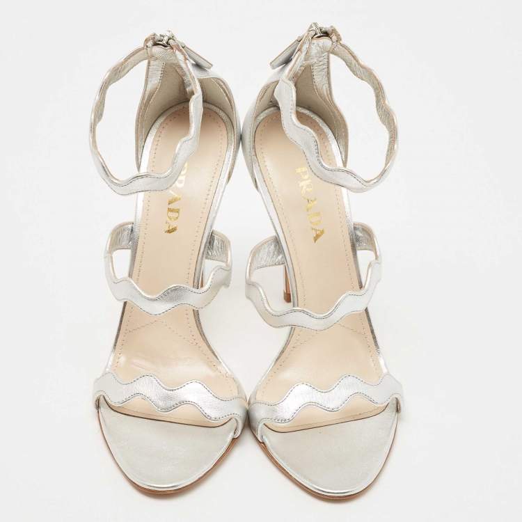Pre Owned Prada Silver Leather Ankle Strap Sandals Size 39.5