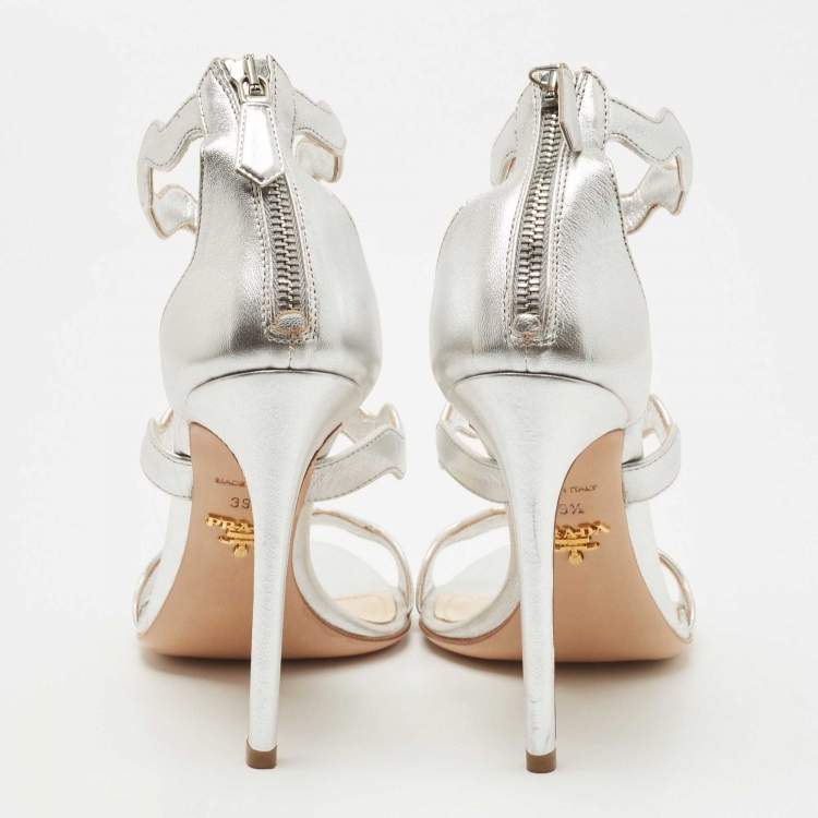 Pre Owned Prada Silver Leather Ankle Strap Sandals Size 39.5