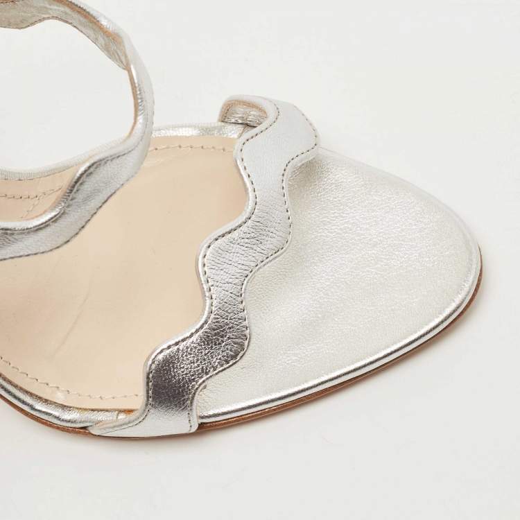 Pre Owned Prada Silver Leather Ankle Strap Sandals Size 39.5