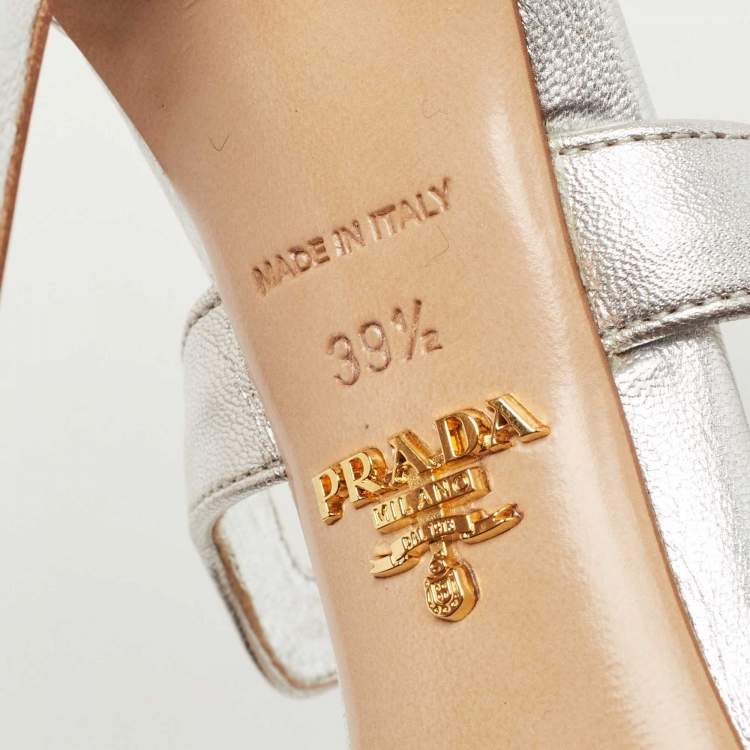 Pre Owned Prada Silver Leather Ankle Strap Sandals Size 39.5