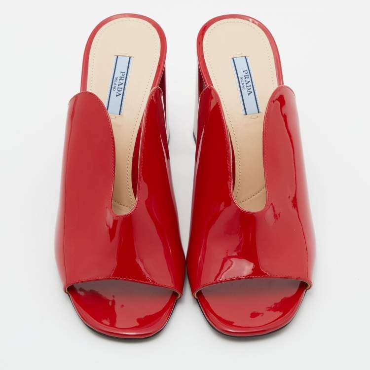 Pre Owned Prada Red Patent Leather Cut Out Mules Size 39.5