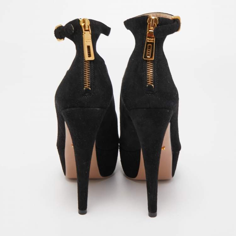 Pre Owned Prada Black Suede Peep Toe Platform Ankle Strap Booties Size 37.5
