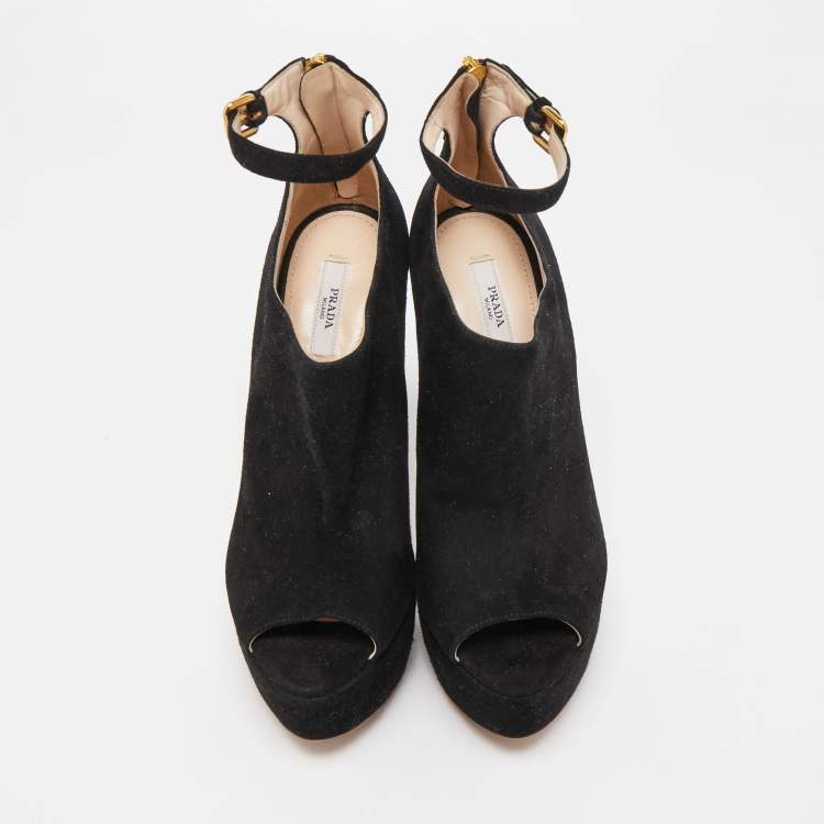 Pre Owned Prada Black Suede Peep Toe Platform Ankle Strap Booties Size 37.5