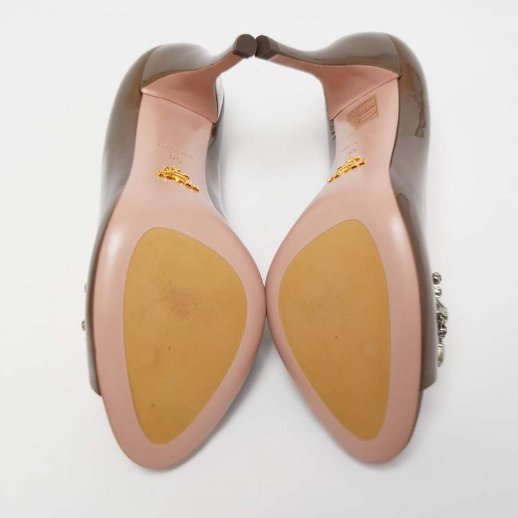 Pre Owned Prada Metallic Patent Leather Crystal Embellished Peep Toe Pumps Size 38