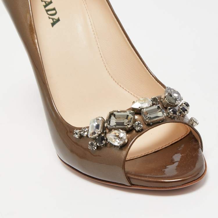 Pre Owned Prada Metallic Patent Leather Crystal Embellished Peep Toe Pumps Size 38