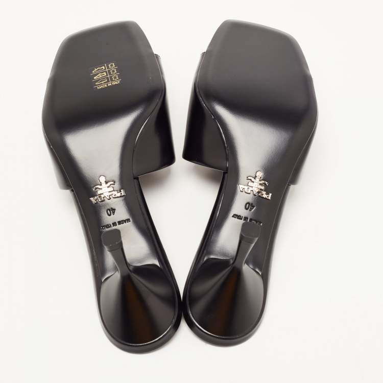 Pre Owned Prada Black Leather Brushed Heeled Slides Size 40
