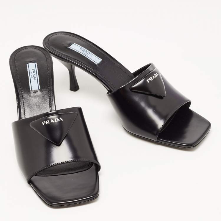 Pre Owned Prada Black Leather Brushed Heeled Slides Size 40