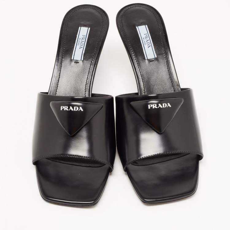 Pre Owned Prada Black Leather Brushed Heeled Slides Size 40