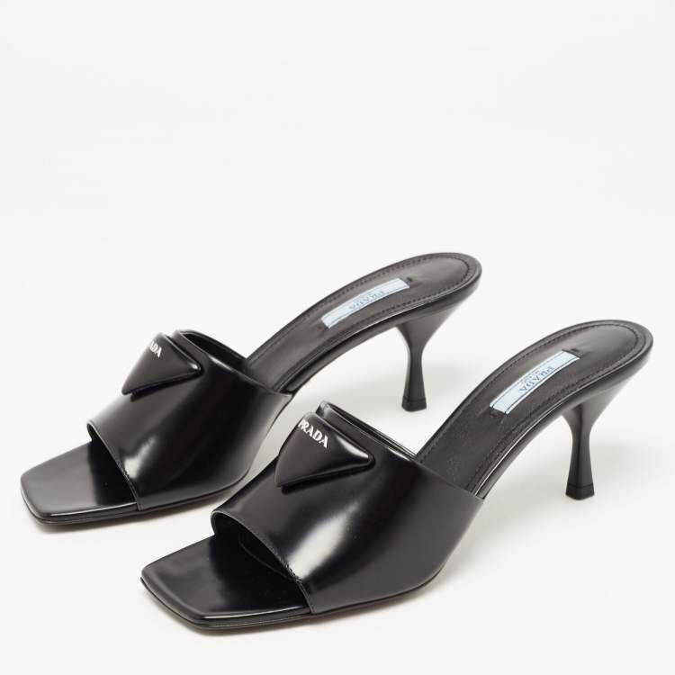 Pre Owned Prada Black Leather Brushed Heeled Slides Size 40