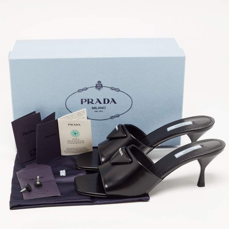 Pre Owned Prada Black Leather Brushed Heeled Slides Size 40