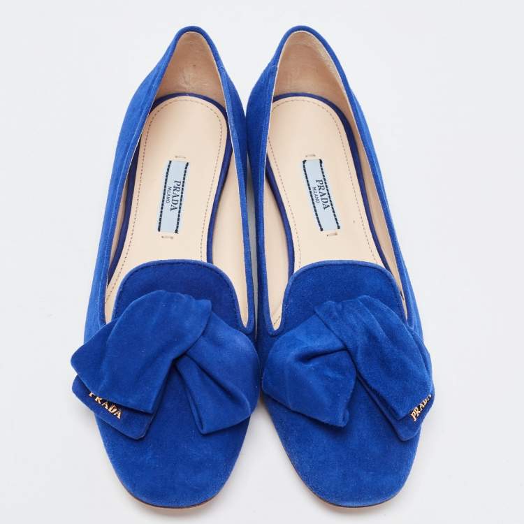 Pre Owned Prada Blue Suede Bow Ballet Flats Size 37.5